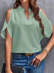 SHEIN Clasi 女士中空露肩純色襯衫 - 薄荷綠 - 查看 2