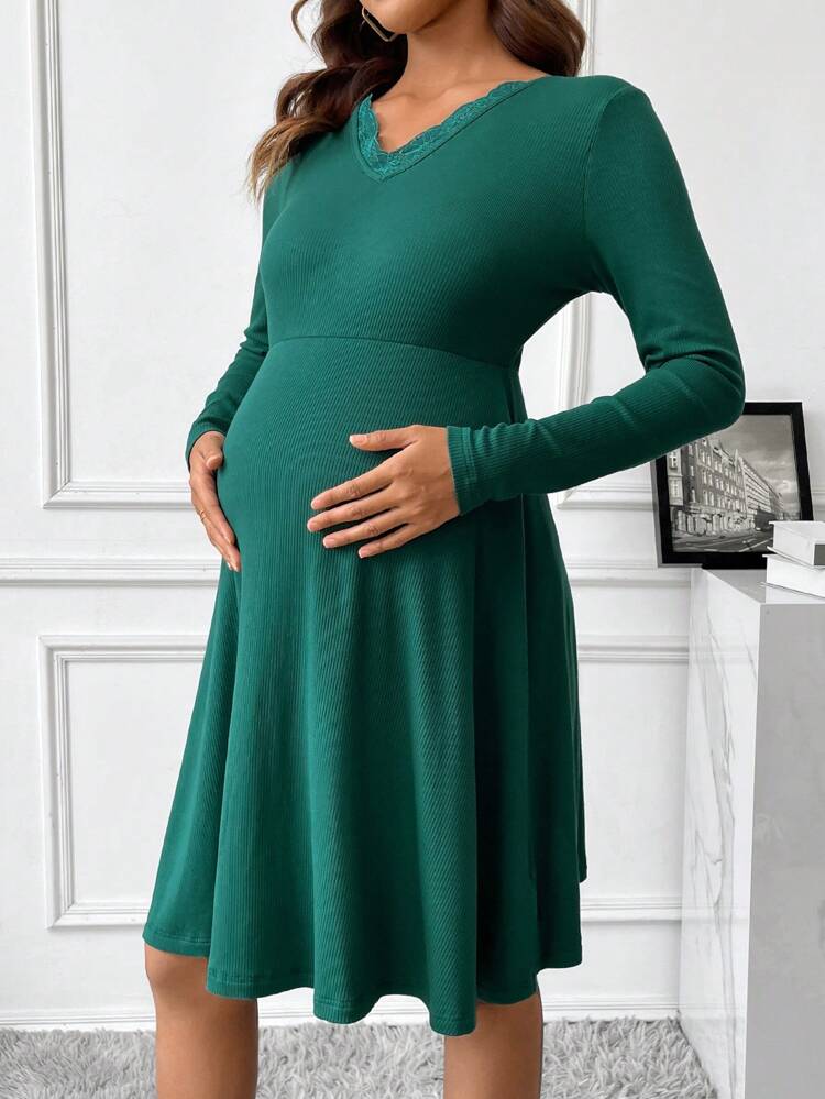 Maternity Solid Color Splice Lace Casual Dress