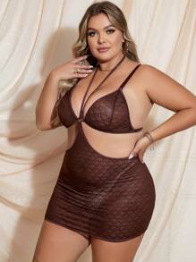 Spicy Aura Plus Size Hollow Out Wireless Bra Lingerie Dress - Coffee Brown - View 3