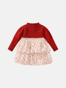 女童秋冬季波點印花連身裙,帶有毛球拼布, - 紅色 - 查看 2