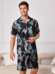 Men's Printed Patch Pocket Pajama Set - Black - View 6
