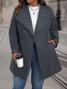 SHEIN LUNE 大尺碼女裝前拉鍊羊毛大衣 - 灰色 - 查看 5