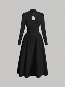 SHEIN MOD 女士镂空领口旗袍连衣裙 - 黑色 - 查看 1