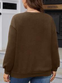 SHEIN LUNE Plus Size Women's Drop Shoulder Sweatshirt With Smiling Print - Khaki - View 2
