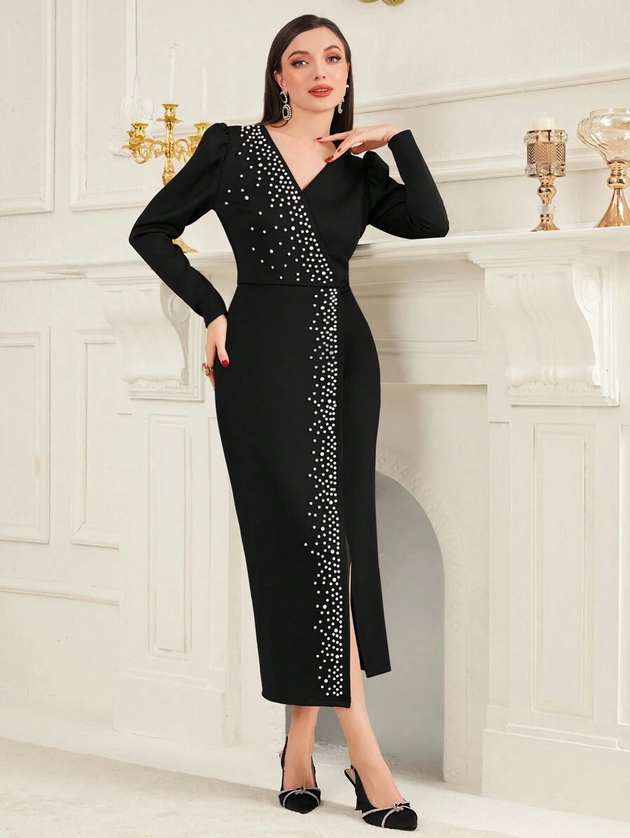 Modelyn Vestido De Manga Abullonada Con Decoración De Cuentas Para Mujeres - Negro - Ver 1