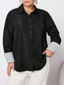 SHEIN Essnce Women's Plus Size Striped Patchwork Shirt With Pockets, Button Front, Drop Shoulder - Black and White - View 6