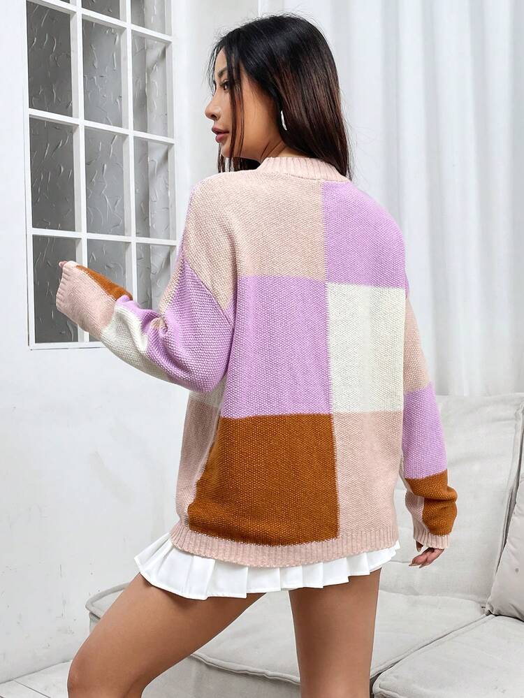 Women's Color Block Round Neck Drop Shoulder Casual Knit Pullover Fall Winter Sweater
