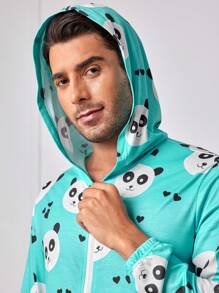 男士熊貓圖案連帽家居服連體褲 - 彩色 - 查看 6