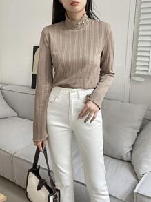 FRIFUL Women's High Neck Solid Color Texture Design Casual Basic T-shirt - Khaki - View 1