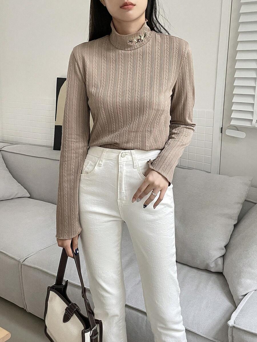 FRIFUL Women's High Neck Solid Color Texture Design Casual Basic T-shirt - Khaki - View 1