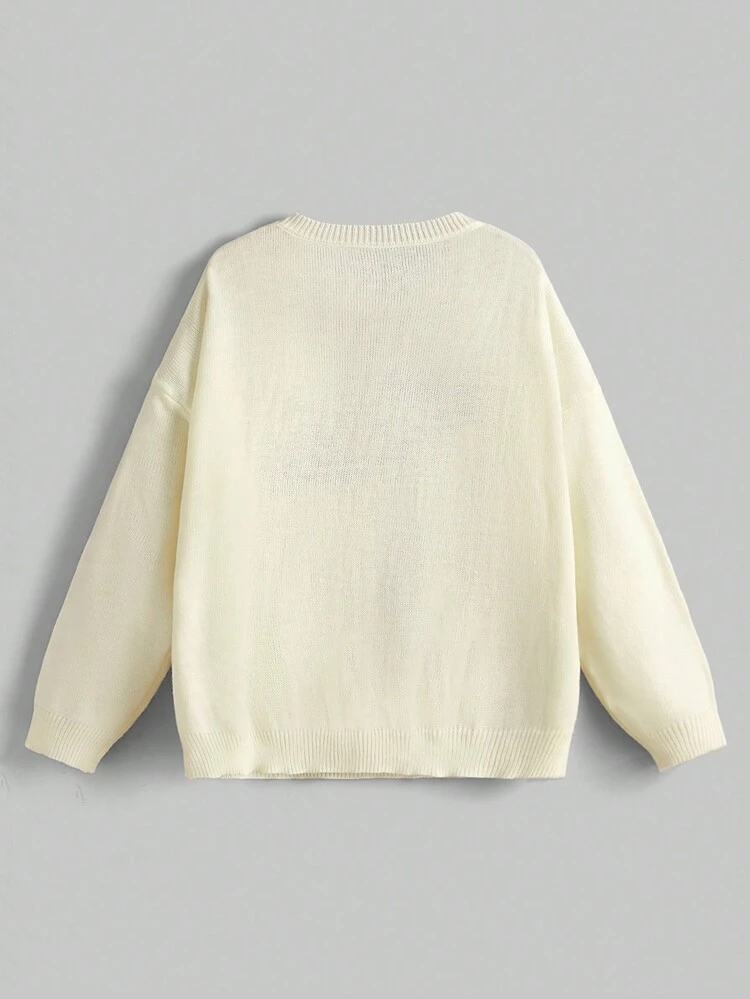 Women's Plus Size Cherry & Letter Pattern Drop Shoulder Sweater, For Winter
