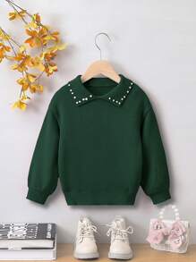 SHEIN Nhỏ bé Cô gái Trân châu Trang trí Giải trí Áo len - Màu xanh lá cây đậm - Xem 1