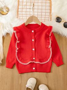 Baby Girls' Color-block Long Sleeve Cardigan With Front Buttons - Red - View 1