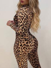 Sexy Women's Leopard Print Jumpsuit, Stand Collar Long Sleeve, Knitted Stretchy Fabric, Contrast Mesh & Hollow-Out Decor - Multicolor - View 3