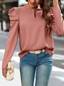 SHEIN Clasi Women'S Notched Collar Leg-Of-Mutton Sleeve Shirt - Pink - View 6