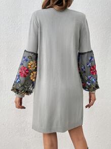 SHEIN LUNE Flower Mesh Contrast Cardigan Fall Cloth For Women - Light Grey - View 2