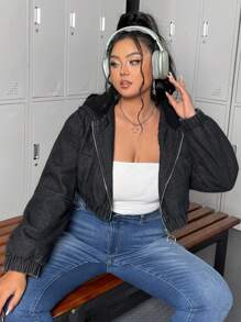 SHEIN ICON Áo khoác denim lót nhiệt có khóa kéo phía trước cỡ lớn dành cho nữ - Màu xám đen - Xem 1