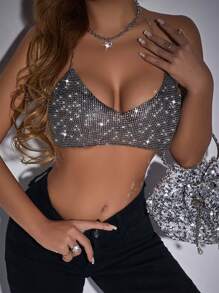 Allurite Women's Rhinestone Detail Halter Cami Top - Black - View 6