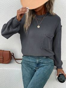 SHEIN LUNE Women'S Drop Shoulder Long Sleeve Sweater - Dark Grey - View 4