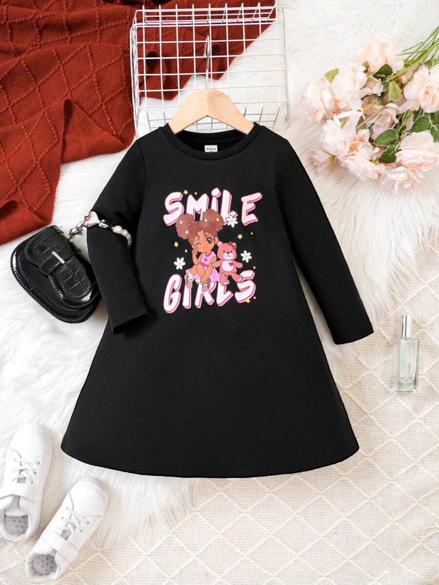 SHEIN 幼兒女童針織可愛小女孩圖案長袖連衣裙 - 黑色 - 查看 1