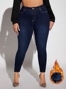 SHEIN SXY Hơn Đã chải Chất vải Nhiệt Cao eo Quần jean ôm - Rửa tối - Xem 1