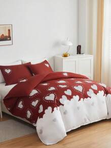 3pcs/set Heart Pattern Duvet Cover, 1pc Duvet Cover And 2pcs Pillowcase, Pillow Insert Not Include, Modern Bedding For Bedroom - Red - View 2