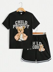SHEIN Thiếu niên Con trai Hoạt hình In thư Ngắn tay Áo Với dây rút Eo Sọc Bộ quần short - màu đen - Xem 1