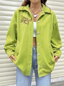 Flirla Letter Embroidered Drop Shoulders Long Sleeve Jacket - Green - View 5