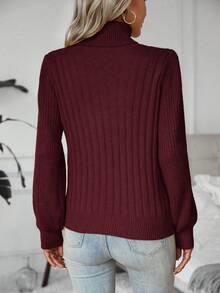 SHEIN LUNE 女式高領燈籠袖毛衣 - 酒紅色 - 查看 2