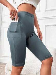 SHEIN Essnce 女款純色短緊身褲(附手機袋) - 青碧色 - 查看 1