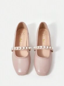 SheIn MOD 女瑪莉珍平底鞋,時尚方頭平底鞋,人造珍珠細節,蓮花粉紅 - 藕粉色 - 查看 3