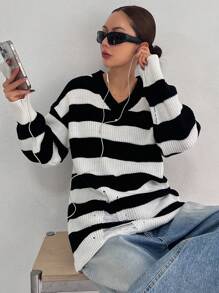 Dazy Star 女式條紋破洞毛衣 - 黑色 - 查看 1