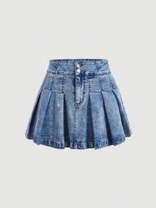SHEIN MOD Của phụ nữ Quây Nhấn Nếp gấp Váy Denim Bộ - Màu xanh lam - Xem 4