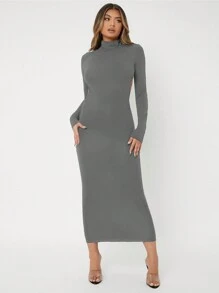 SHEIN SXY Women's Long Sleeve Knitted Open Back Dress - Dark Grey - View 6
