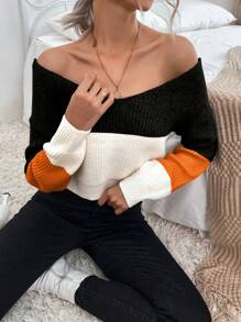 VaVaBold Jersey de punto con hombros descubiertos y espalda contrastante, tops de manga larga
