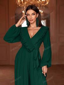 Faeriesty Long-Sleeve Chiffon Wide-Leg Jumpsuit With Ruffled V-Neck & Removable Waist Belt – Spring/Summer Pleated Fabric Design For Garden Parties & Elegant Gatherings (Bold Embellished Silhouette, Versatile Daytime Elegance)