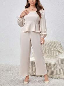 SHEIN Privé Plus Size Solid Color Shirt & Long Pants Two Piece Set - Apricot - View 4
