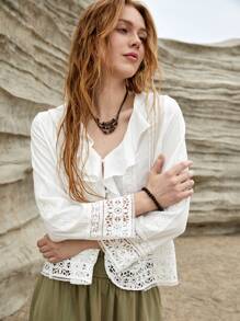 SHEIN VCAY 女式蕾絲拼接荷葉邊襯衫 - 白色 - 查看 4