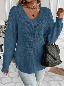 EMERY ROSE Women's Lantern Sleeves Knit Sweater With Side Knot Detail - Navy Blue - View 3