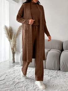 SHEIN 3 cái/bộ Quý cô Màu thuần Đồ đan Ribbed Áo len Bộ - màu nâu - Xem 1
