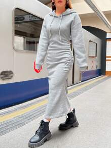SHEIN EZwear Drop Shoulder Drawstring Hooded Sweatshirt Dress - Grey - View 4
