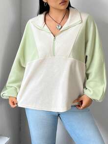 SHEIN EZwear Của phụ nữ Kích thước lớn lông tơ Áo nỉ Với Dây kéo nửa Khép kín Và Vòng cổ - màu xanh lá - Xem 3