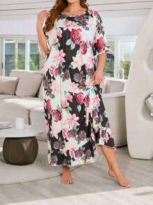 Vestido de pijama con manga tipo murciélago con estampado floral, vestido largo para mujeres de talla grande