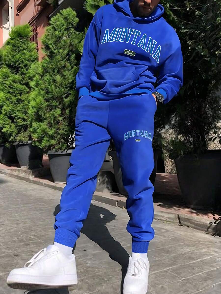 Manfinity Homme Nam Đồ họa Chữ cái Thả vai Áo Hoodie & Quần thể thao - Màu xanh lam - Xem 1