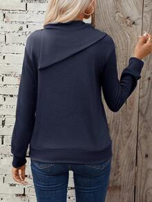 SHEIN LUNE Women's Solid Color Button Detail Sweatshirt - Navy Blue - View 2