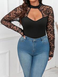 Calvaya Plus Size Lace & Mesh Panel Soft Knit Stand Collar Bodysuit, Suitable For Evening Parties & Going Out