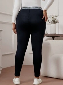 SHEIN LUNE 大尺碼女卡通貓印花字母腰打底褲 - 黑色 - 查看 2