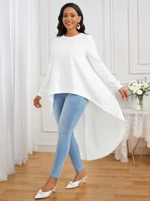 SHEIN Lady Của phụ nữ Hem cao-thấp Áo sơ mi - trắng - Xem 5