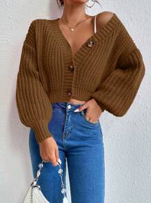 SHEIN Essnce Quý cô Màu thuần Sọc Nút xuống Áo len Mở - màu nâu - Xem 1