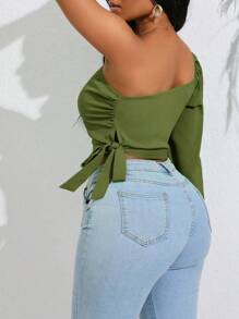 VaVaBold 女士單肩蓬蓬袖側結襯衫 - 軍綠色 - 查看 3